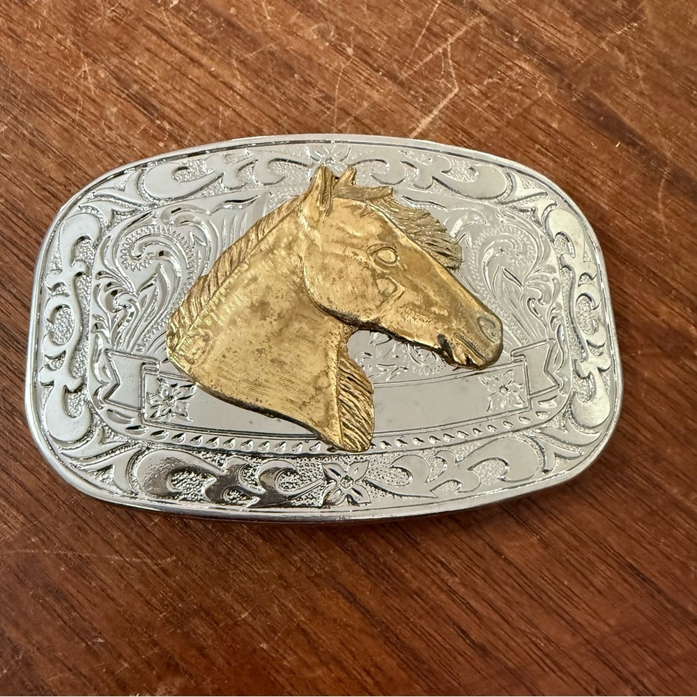 Vintage Western Horse Head Equestrian Filigree Silver & Gold Tone Belt Buckle